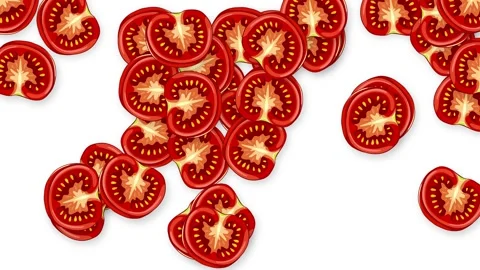 Animated Red Tomato Slices Falling Downward on White Background Stock Footage 341378439