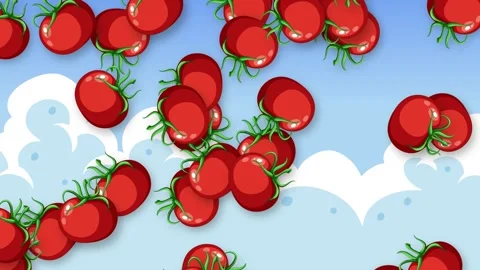 Animated Red Tomatoes Falling Against a Blue Sky with White Clouds Stock Footage 339380698