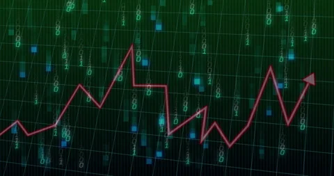 Animated red zigzag arrow chart rising over grid with green binary code and Stock Footage 308677339