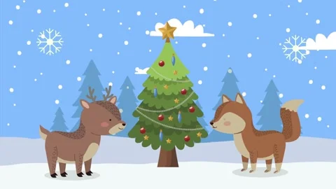 Animated reindeer and fox standing near decorated pine tree in winter fores.. 스톡 동영상 338317592