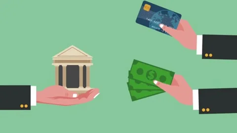 Animated representation of banking transactions using credit cards and cash Stock Footage 310254206