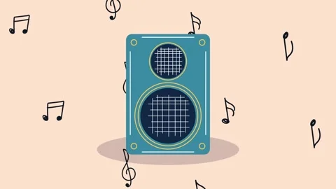 Animated retro audio speaker playing music with flying musical notes on a s.. Stock Footage 338428930