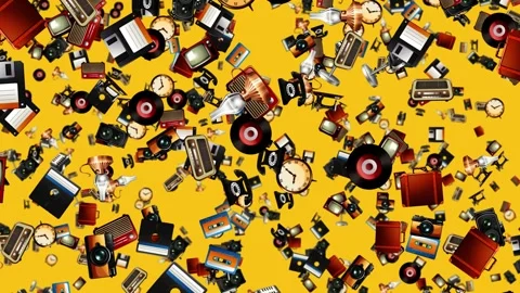 Animated Retro Objects Falling Continuously Against a Solid Yellow Background Stock Footage 331345341