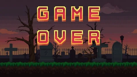 Animated retro pixel art Game Over text on cemetery landscape. Stock Footage 289210446