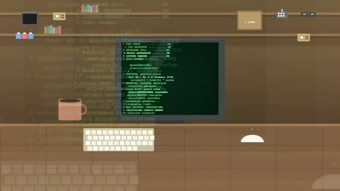 Animated Retro Programmer Desk with Scrolling Code on Terminal Screen Stock Footage 341456012