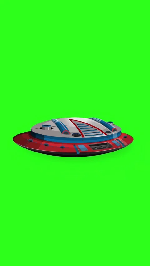 Animated Retro Red UFO Flying Against a Green Screen Background Stock Footage 345297280