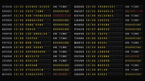 Animated retro split flap airport departure board flipping through flight Vídeo Stock 346947040