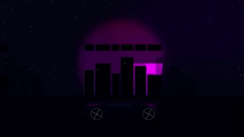 Animated retro synthwave city skyline with glowing purple moon Stock Footage 345013615