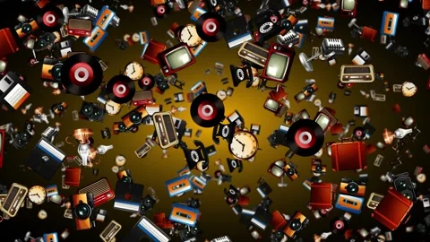 Animated Retro Technology Objects Falling Against Stock Footage 329595600