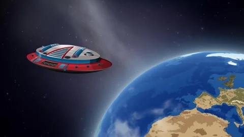 Animated Retro UFO Spacecraft Floating in Orbit Above Rotating Planet Earth Stock Footage 345125015