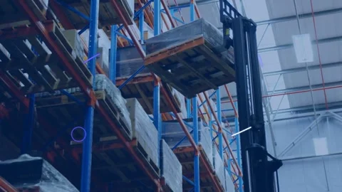 Animated rings appearing engaging forklift, lifting wrapped pallet off warehouse Stock Footage 333830445