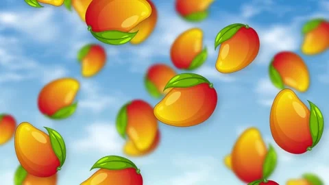 Animated Ripe Mangoes Falling Against a Bright Blue Sky Background Stock Footage 344833218