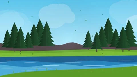 Animated river flowing past pine trees and green hills in serene flat vecto.. Stock-Footage 341842819