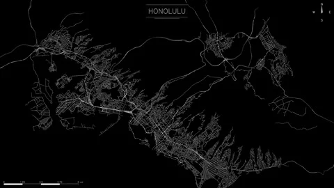 Animated road map of Honolulu displays glowing traffic trails flowing Stock Footage 346304364