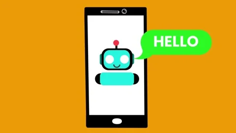 Animated robot icon on a smartphone screen. A green speech bubble with the word Stock Footage 319663058