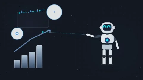 Animated robot pointing at rising growth bar chart and dollar currency icon.. Stock Footage 341220594