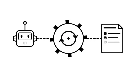 Animated Robotic Arm Interacting with Gear and Document Icon Video stock 339387649