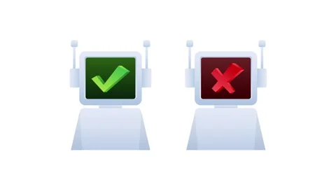 Animated robots displaying correct and incorrect symbols on screens Stock Footage 337967769