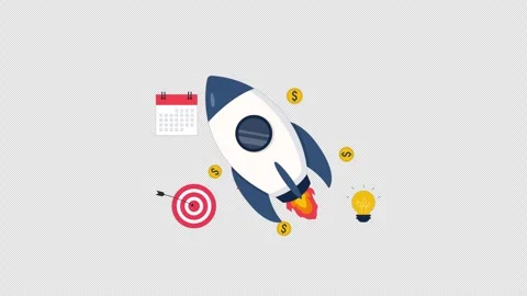 Animated Rocket Launching with Business Growth Symbols - Transparent Stock Footage 343665716