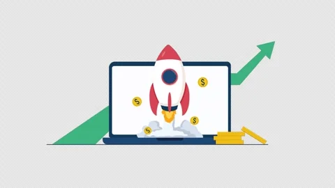 Animated Rocket Launching from Laptop Representing Business Growth - Transparent Stock-Footage 346568939