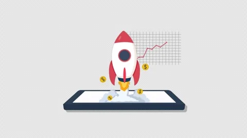 Animated Rocket Launching from Tablet with Financial Growth Graph - Transparent Stock Footage 346662214