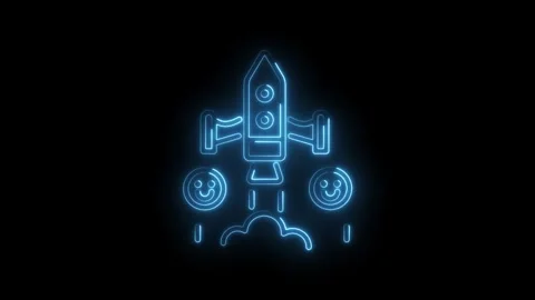 Animated rocket ship launch with smileys neon style on black background space Stock Footage 330775472