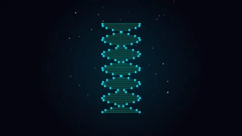 Animated Rotating Glowing Cyan Digital DNA Helix on Dark Starry Background Stock Footage 332525281