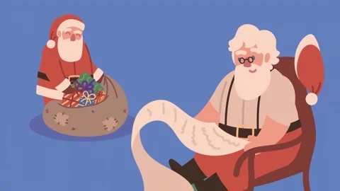 Animated santa claus checking long wish list near gift sack on blue backgroun Stock Footage 338422901