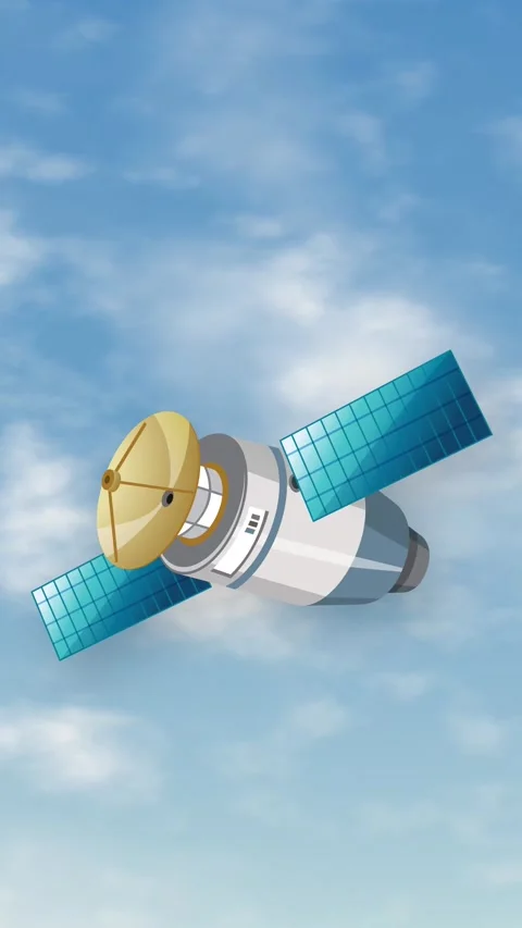 Animated Satellite Floating in Blue Sky with Moving Clouds Stock Footage 345206815