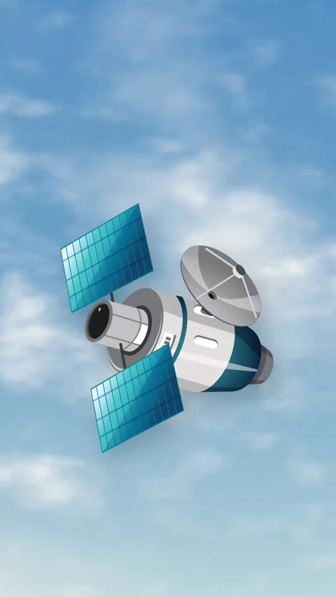 Animated Satellite Floating Over Blue Sky with Clouds Stock Footage 344835206