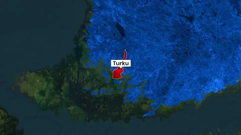 Animated satellite map footage showing Finland's Turku highlighted in red motion Stock Footage 342012080