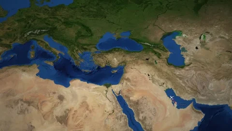 Animated Satellite Map Showing Flight Path Between Doha and Munich Stock Footage 340948514