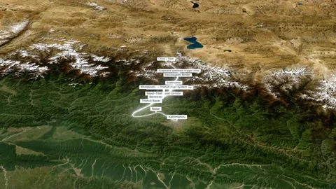 Animated satellite map showing flood damage corridor from Tibet to Nepal via Tri Stock-Footage 343727443