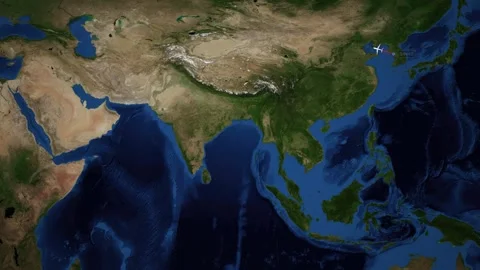 Animated Satellite Map Tracking Flight Path from Seoul to Doha Video stock 337864570