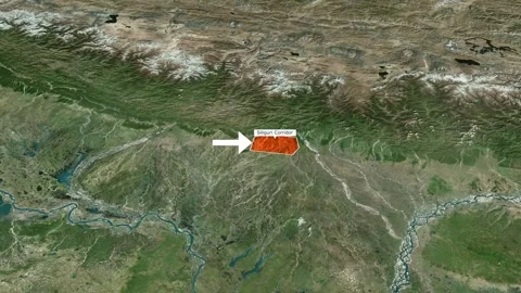 Animated satellite map zoom of the Siliguri Corridor with orange highlight and a Stock Footage 337405564