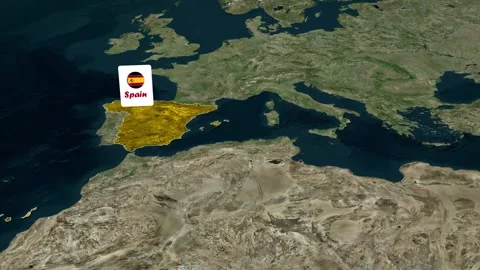 Animated satellite map zoom of Spain with golden highlight and flag label 4K Stock Footage 340129422