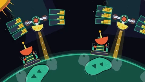 Animated Satellites Orbiting Green Planet Collecting Solar Energy Stock Footage 340941008