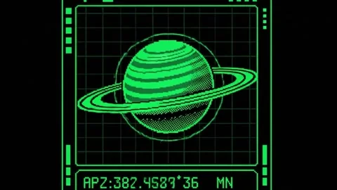 Animated Saturn Planet on a Retro Computer Screen Displaying Planet Data Stock Footage 321349344