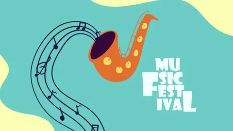 Animated saxophone with musical notes and text music festival on teal backg.. Stock Footage 333608689