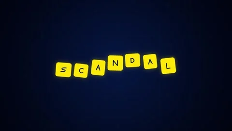 Animated scandal text on yellow tiles bouncing against a dark blue grid bac.. Видео 344021800