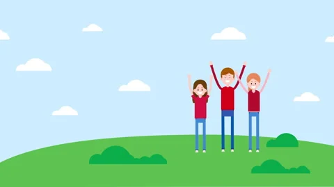 Animated scene of a group of 3 happy people enjoying a city park, having fun. Video stock 305779557