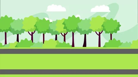 Animated scene of trees and clouds moving across a landscape with a road an.. Stock Footage 334090941