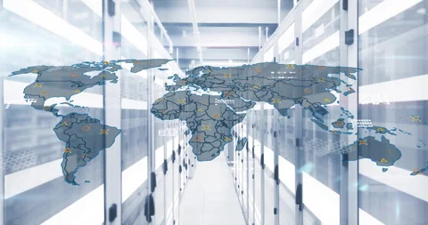 Animated schematic map overlay showing network nodes and data lines over rows of Stock Footage 309111471