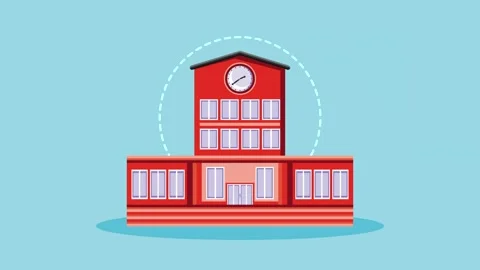 Animated school building graphic with a clock and windows on a plain backgr.. Stock Footage 334538256