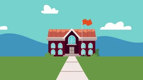 Animated school building with a red flag waving, set against a backdrop of .. Stock Footage 333430605