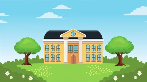 Animated school building with trees and clouds in background motion graphics. Stock Footage 338402807
