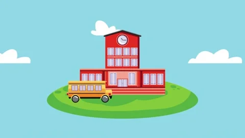 Animated school building with yellow bus on green hill with clouds moving a.. Stock-Footage 334544154
