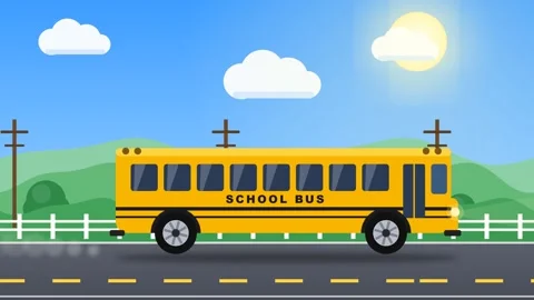 Animated School Bus Driving Through Sunny Countryside Landscape Stock Footage 347162846