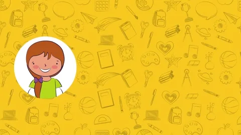 Animated school supplies pattern with a young girl's smiling face appearing.. Stock Footage 333608340