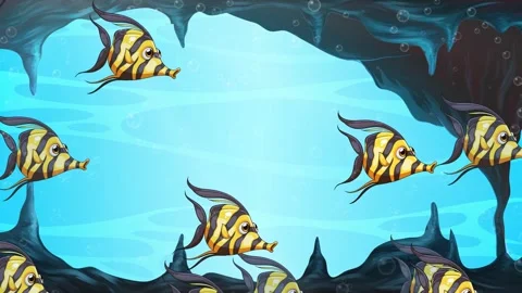 Animated School of Yellow Striped Fish Swimming Through Underwater Cave Stock Footage 346116340